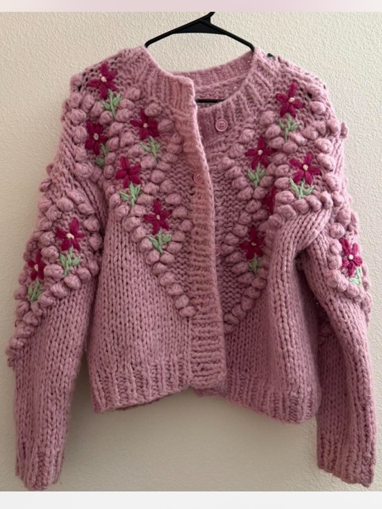 Unknown Sweaters - Pink Knit Floral Bubble Cardigan Sweater